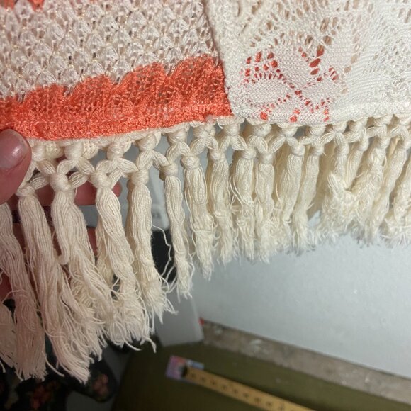 Miss Me Size Medium Stripe Knit Hooded Sweater Crochet Fringe Boho Gauze Cream - Picture 4 of 9